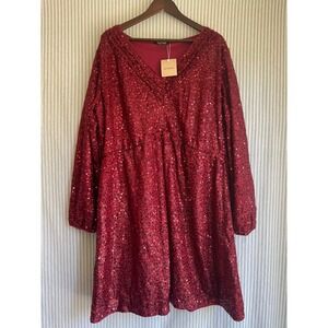 BloomChic Burgundy Red‎ Sequin V-Neck Long Sleeve Mini Dress Plus Size 22-24 NWT